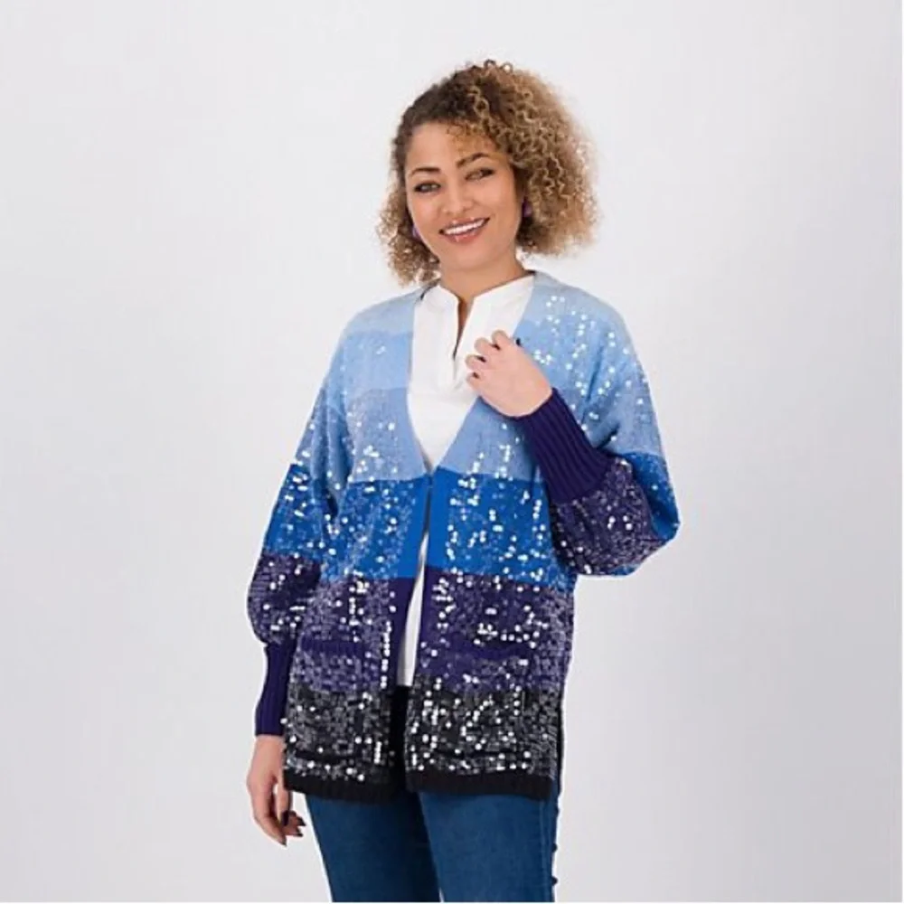 Isaac Mizrahi Live! Multistripe Blue Cardigan